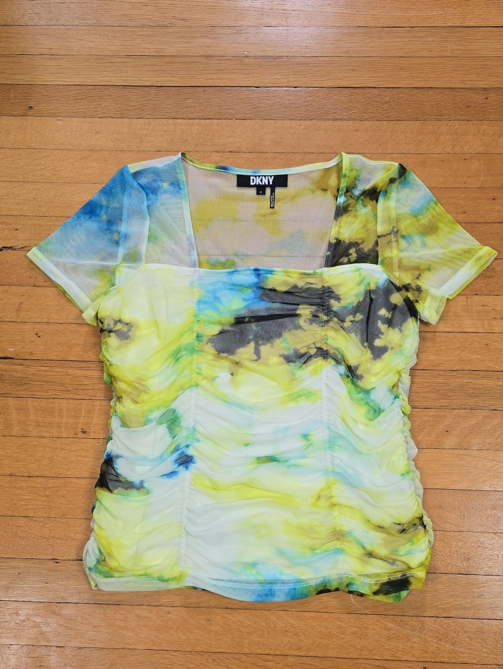 DKNY, Watercolor Ruched Mesh Square Neck Top, Yellow/Blue, EUC, Women's M